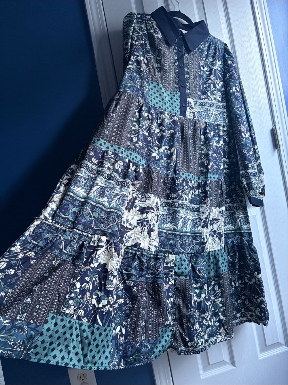 Umgee Boho Patchwork Print Floral Midi Dress Blue Teal Tiered Size L